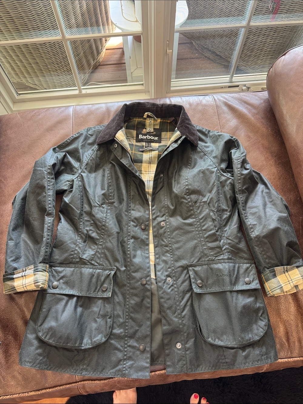 Barbour Dark Green Waxed Cotton Utility Jacket with Brown Cord Collar